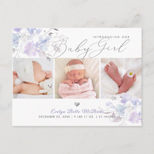 Liliac Dusty Blue Watercolor Blume, Girl Birth Postkarte (Vorderseite)
