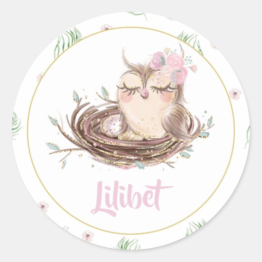 Lilibet Owl Baby Girl Shower Runder Aufkleber (Vorderseite)