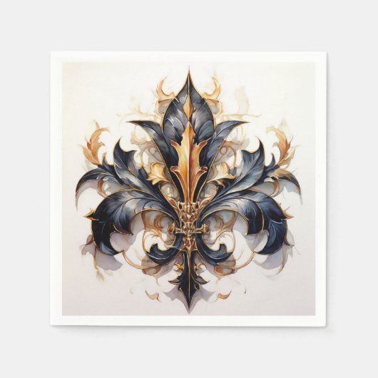 Lilie Cocktail Serviette Schwarz und Gold (Vorderseite)