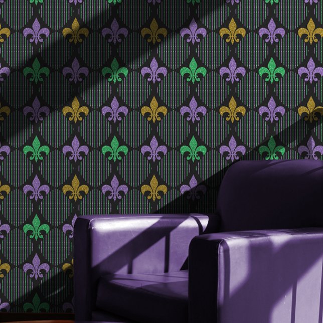 Lilie Imitate Glitzer | Black Mardi Gras Tapete (Fleur de Lis Faux Glitter Black Mardi Gras Pattern Wallpaper)