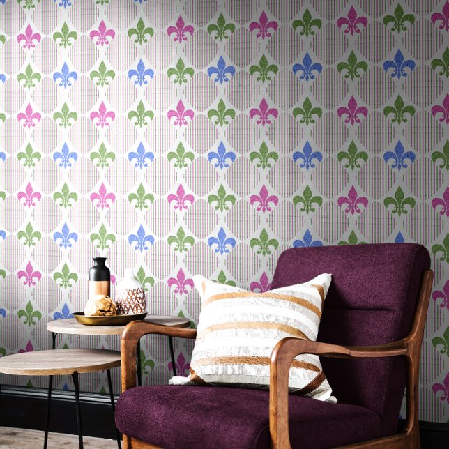 Lilie Imitate Glitzer | White Mardi Gras Tapete (Fleur de Lis Faux Glitter White Mardi Gras Pattern Wallpaper)
