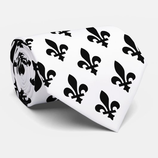 Lilie Pattern, Royal French, Black on White Krawatte (Gerollt)