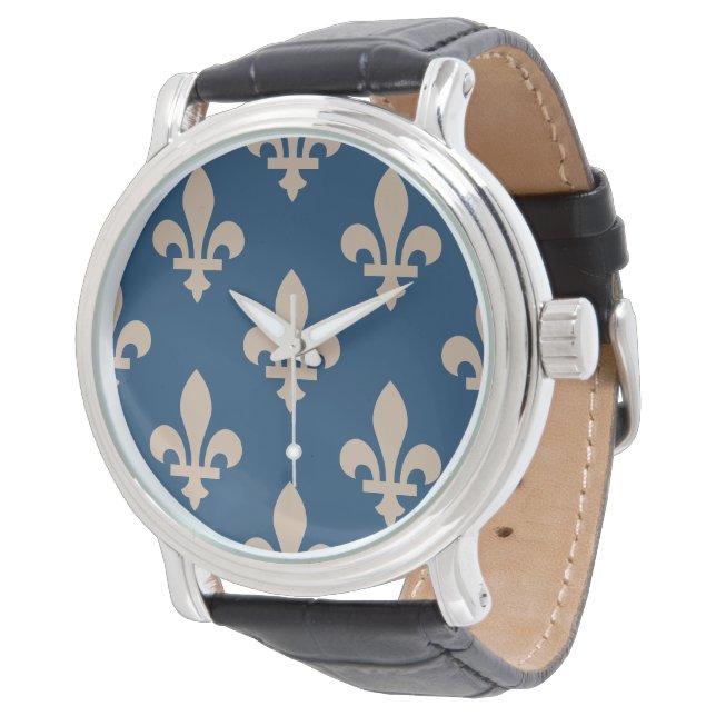 Lilie Pattern, Royal French, Cream on Blue Armbanduhr (Schrägansicht)