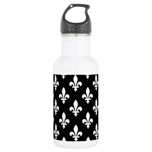 Lilie Pattern, Royal French, White on Black Edelstahlflasche (Vorderseite)