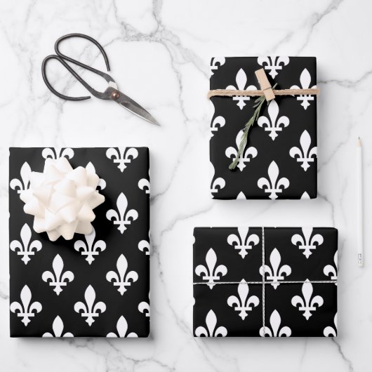 Lilie Pattern, Royal French, White on Black Geschenkpapier Set (Vorderseite)