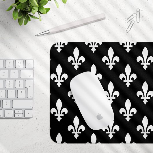 Lilie Pattern, Royal French, White on Black Mousepad