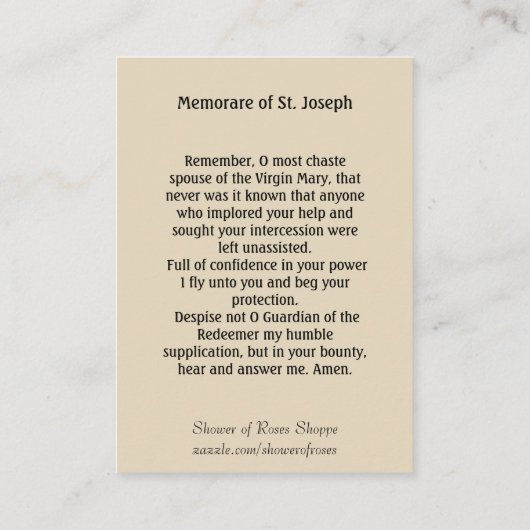 Lilie St Joseph Jesus Memorare Gebet Visitenkarte (Rückseite)
