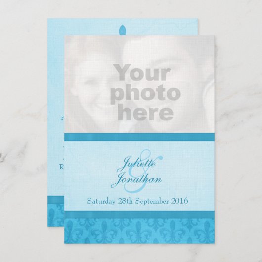 Lilie Style Blue Foto Hochzeit Einladung (Vorne/Hinten)