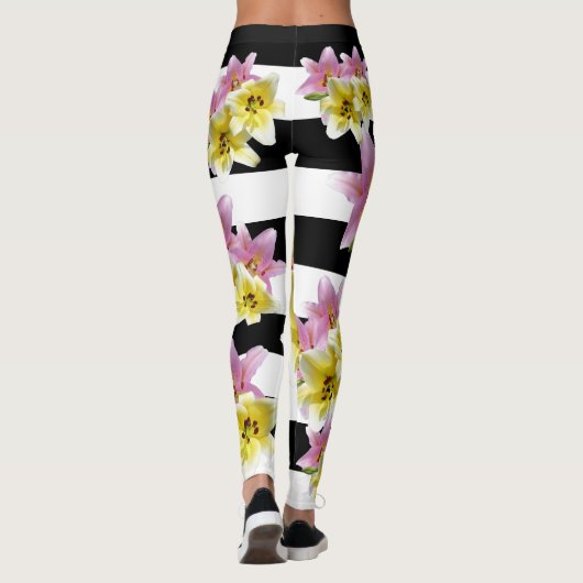 Lilien-Blumen-Lilien Striped Blumenmuster Leggings (Rückseite)