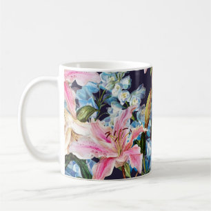 Lilien, Delphine grenzen: Aquarellmalerei. Kaffeetasse