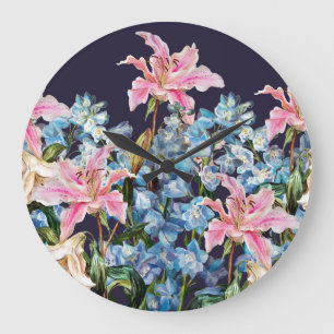 Lilien, Rittersporn Grenze: Aquarellmalerei. Große Wanduhr