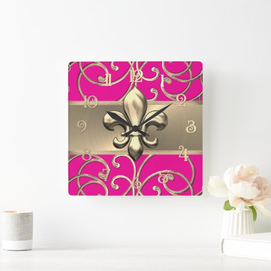 Lilien zu Farb- und Goldfiligrel-Wirbel Quadratische Wanduhr (Zuhause)