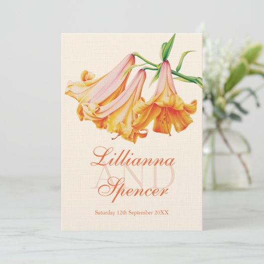 Lilienglocken-Blumen-Kunstorange Sahnehochzeit Einladung (Stehend Vorderseite)