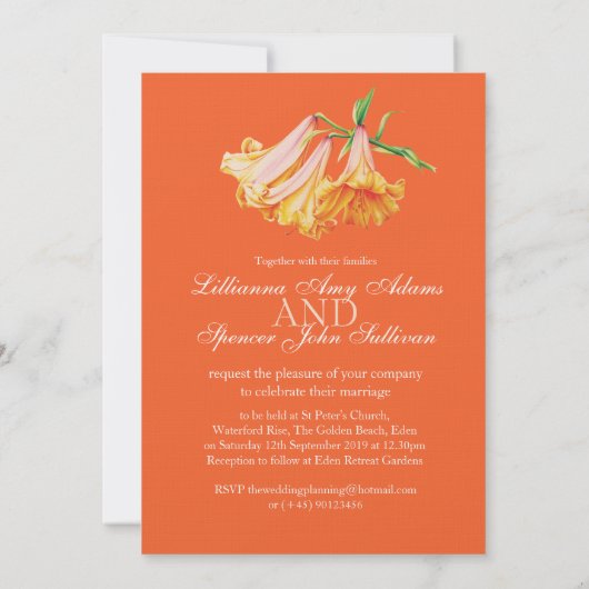 Lilienglocken-Blumen-Kunstorange Sahnehochzeit Einladung (Rückseite)