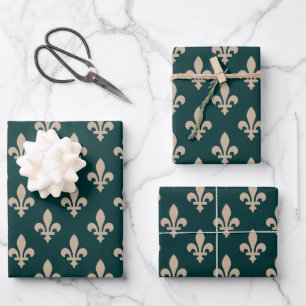 Lilienmuster, royale französische Creme auf Grün Geschenkpapier Set