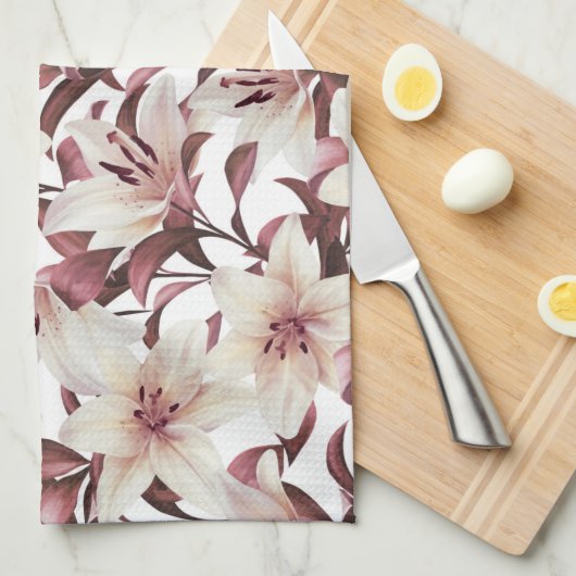 Lilies auf weiß. Blumenmuster Geschirrtuch (Viertel Falte)