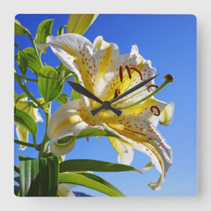 Lilies Blume Wall uckt Weiße Gelbe Lilie Quadratische Wanduhr