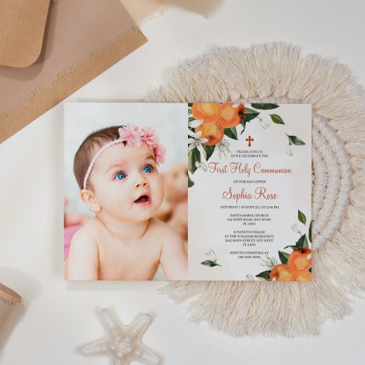 Lilies & Orange Foto Erstkommunion Einladung