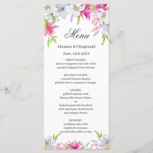 Lilies Watercolor Wedding Menu Menükarte (Vorderseite)