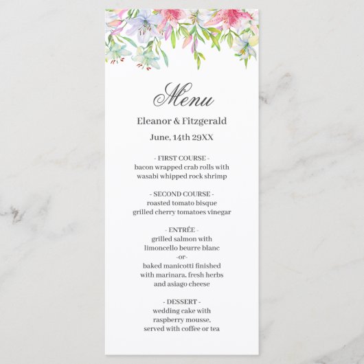 Lilies Watercolor Wedding Menu Menükarte (Vorderseite)