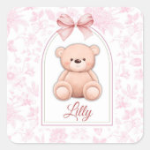 Lilly | Benutzerdefiniertes rosa Teddy-Bär-Kinderz Quadratischer Aufkleber (Vorderseite)