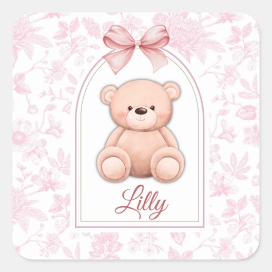Lilly | Benutzerdefiniertes rosa Teddy-Bär-Kinderz Quadratischer Aufkleber (Vorderseite)