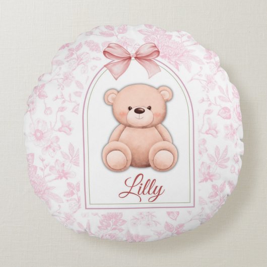 Lilly | Benutzerdefiniertes rosa Teddy-Bär-Kinderz Rundes Kissen (Vorderseite)