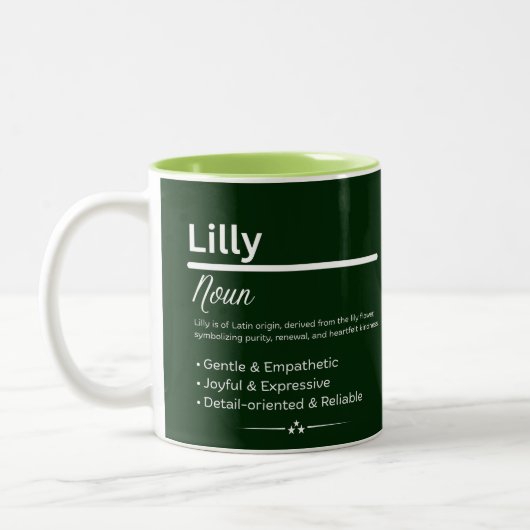 Lilly, Girl Personalized Name Definition Mug Zweifarbige Tasse (Links)
