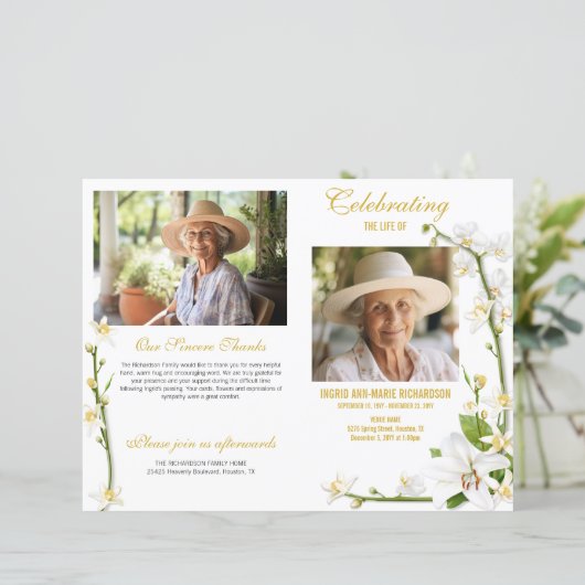 Lily 2 Foto Beerdigung Programm für Weißorchid (Stehend Vorderseite)