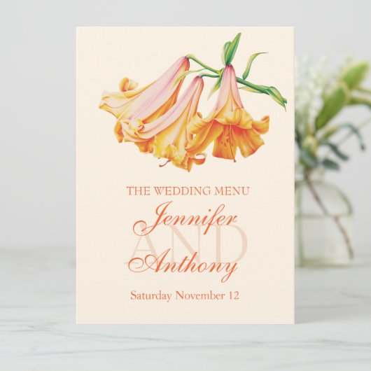 Lily Bell Fine Art Hochzeitsmenü Menükarte (Stehend Vorderseite)