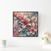 Lily blüht in schwindelerregenden Mustern Quadratische Wanduhr (Zuhause)