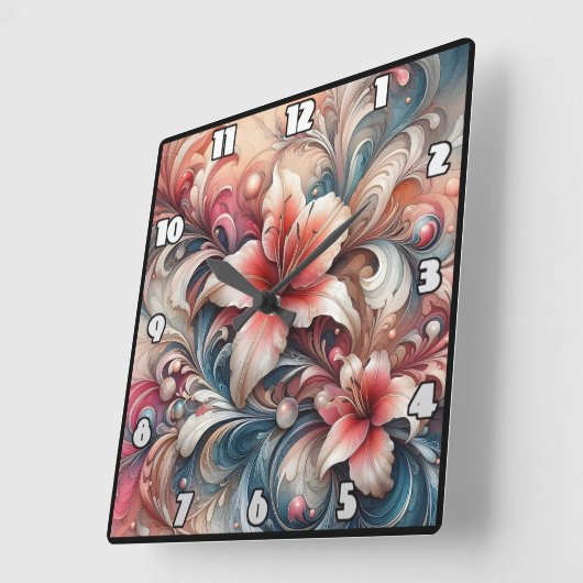 Lily blüht in schwindelerregenden Mustern Quadratische Wanduhr (Winkel)