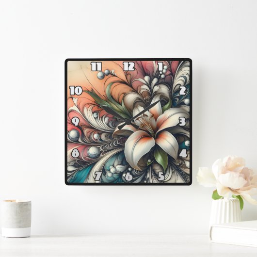 Lily Blume Design mit bunten Abstrakten Mustern Quadratische Wanduhr (Zuhause)