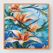 Lily Blume über den Hintergrund der Blauen Flora Quadratische Wanduhr (Vorderseite)