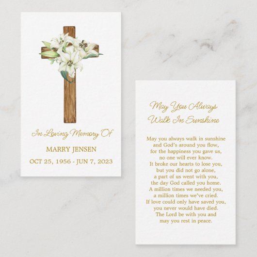 Lily Cross Memorial Funeral Prayer Card Visitenkarte (Vorne/Hinten)