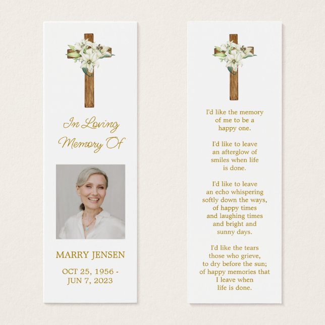 Lily Cross Photo Funeral Memorial Bookmark (Vorne & Hinten)