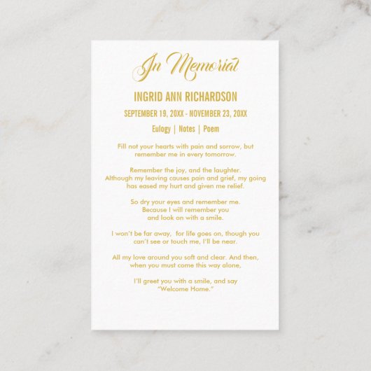 Lily Cross Scripture Funerorial Visitenkarte (Rückseite)