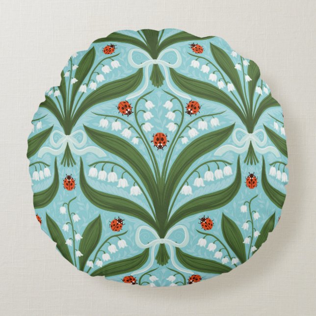 Lily des Tals und ladybugs Symmetrie in grün, Rundes Kissen (Vorderseite)