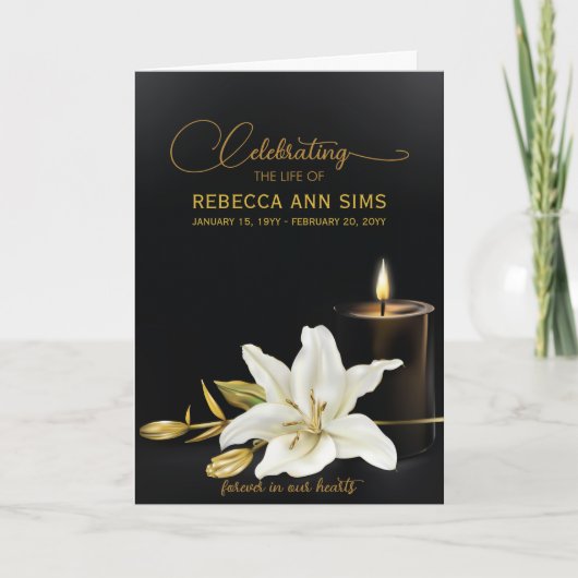 Lily Floral Black and Gold Beerdigung Programm (Vorderseite)