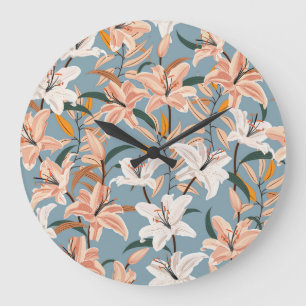 Lily Floral Blaue Vintage-Druck Große Wanduhr