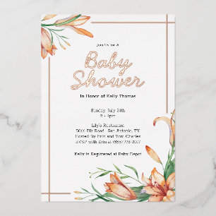 Lily Floral Orange Wasserfarbe Elegante Babydusche Folieneinladung