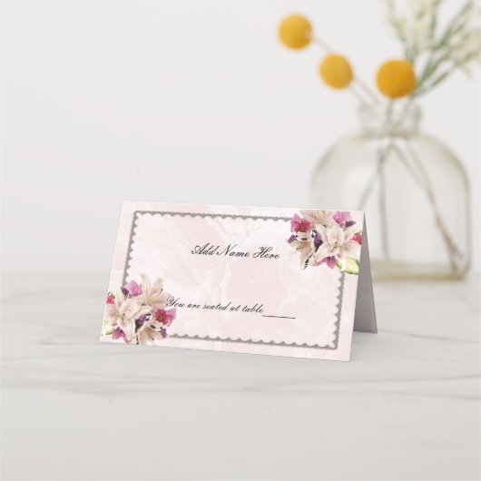 Lily Floral Pink Marmor Hochzeitstisch Platzkarte (Vorderseite)