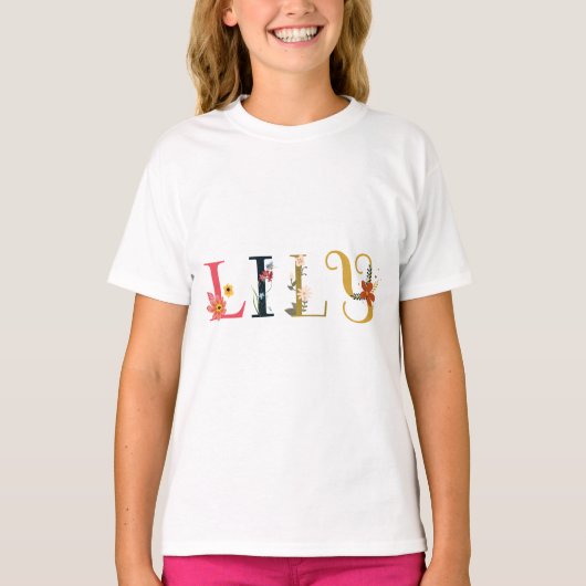 LILY Name Art mit bestickten Blume T-Shirt (Vorderseite)