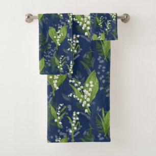 Lily of the Valley Dark Blue Background Badhandtuch Set