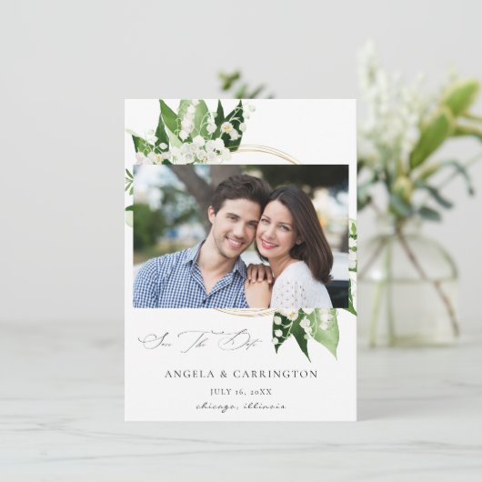 Lily of the Valley Floral Save the Date Photo (Stehend Vorderseite)