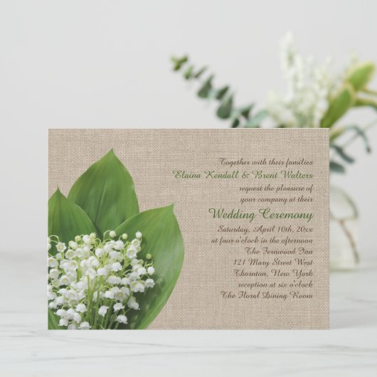 Lily of the Valley Wedding Invitation Burlap Einladung (Stehend Vorderseite)