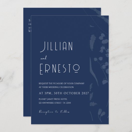 Lily of Valley | Deep Blue Solid mit verblasster K Einladung (Vorne/Hinten)