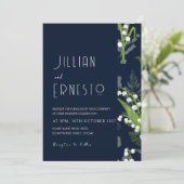 Lily of Valley Dunkelblauer Solid mit Blumenrand Einladung (Stehend Vorderseite)