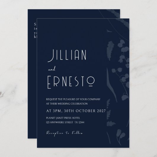 Lily of Valley | Dunkelste blaue, fest verblasste Einladung (Vorne/Hinten)