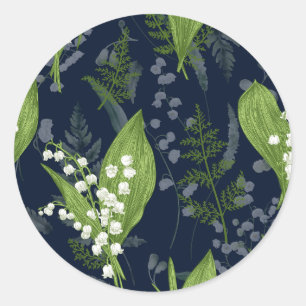 Lily of Valley mit Ferns   Deep Dark Blue Runder Aufkleber